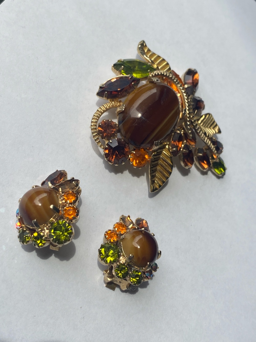 Vintage Continental Amber Green Rhinestone Brooch & Clip-On Earring Set